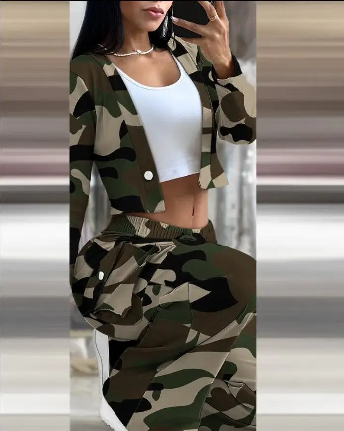 Spring Autumn New Women's Fashion Solid Color Printed Sexy Short Top With Waist Exposed Casual Lace Up Waist Drawback Pants Set