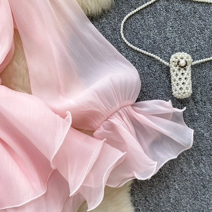 SINGREINY 3D Floral Strand Kurzes Kleid Weibliche Lange Ärmel Spitze Up Rüschen Chiffon Kuchen Sommerkleid Sheer Sexy Vintage Bohemian Kleid