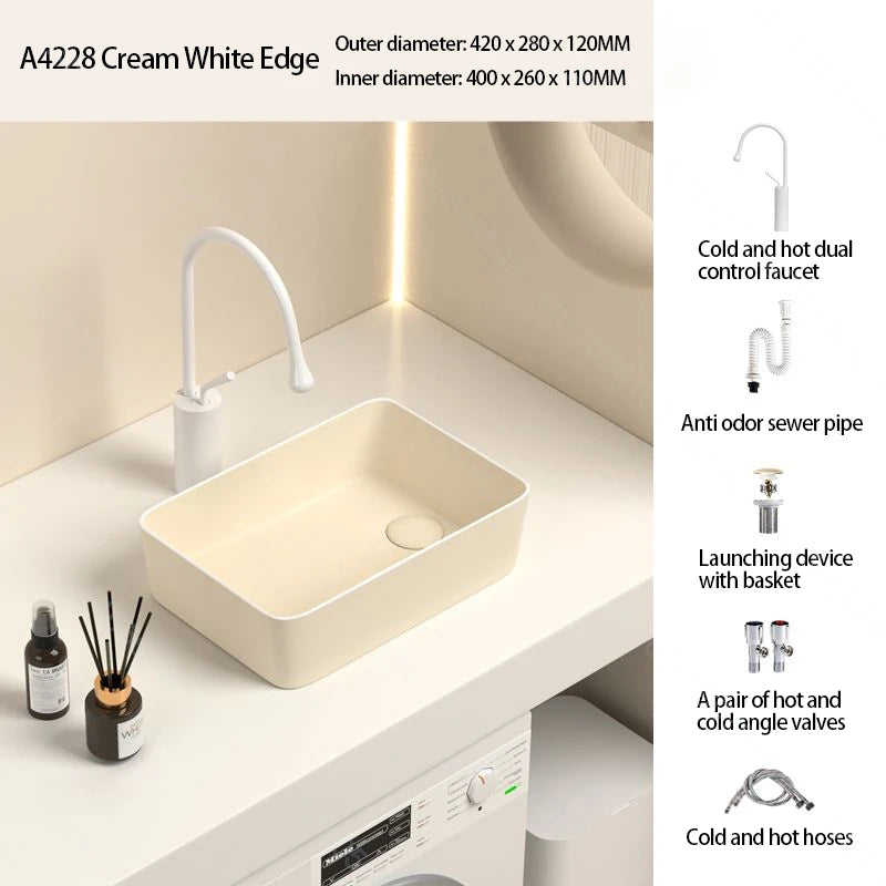 Rechteckiges Waschbecken aus Porzellan-Keramik für Badezimmer, modernes Waschbecken über der Theke mit Abflussset, Waschtischwaschbecken auf der Arbeitsplatte