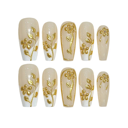 10pcs Handmade Autumn Press On Nails Mid-length Ladder Gold Foil Flower Tips Fake Nail White French Style False Nail For Women.