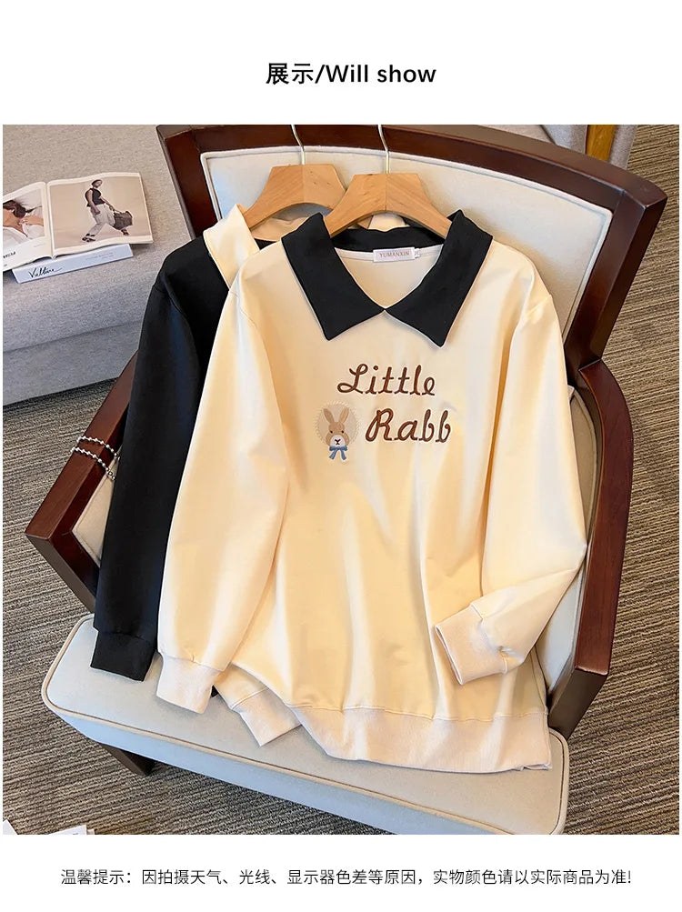 175kg plus size Damen büste Herbst lose Revers Sweatshirt Langarm lässig Top schwarz Aprikose 6xl 7xl 8xl 9xl 10xl 11xl.