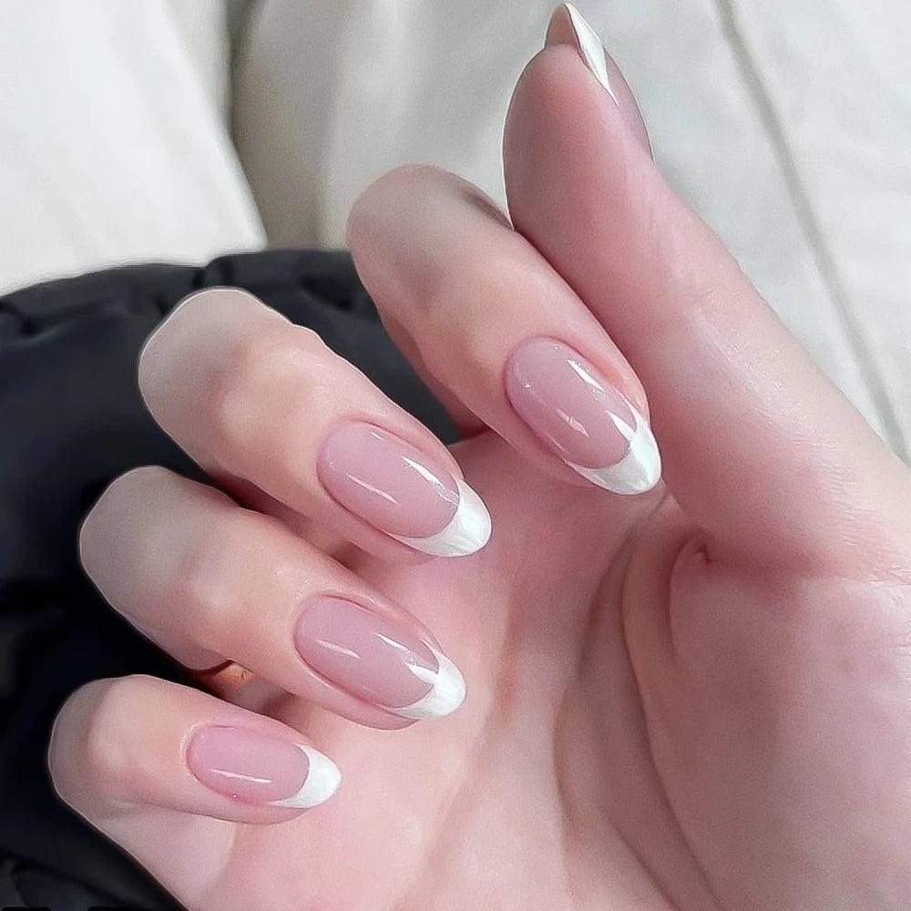 24pcs(+Tools) Pearl Bow Nude Pink Press On Nails White French Fingertips Almond Full Cover Fasle Nails New Year Nail Accessories.