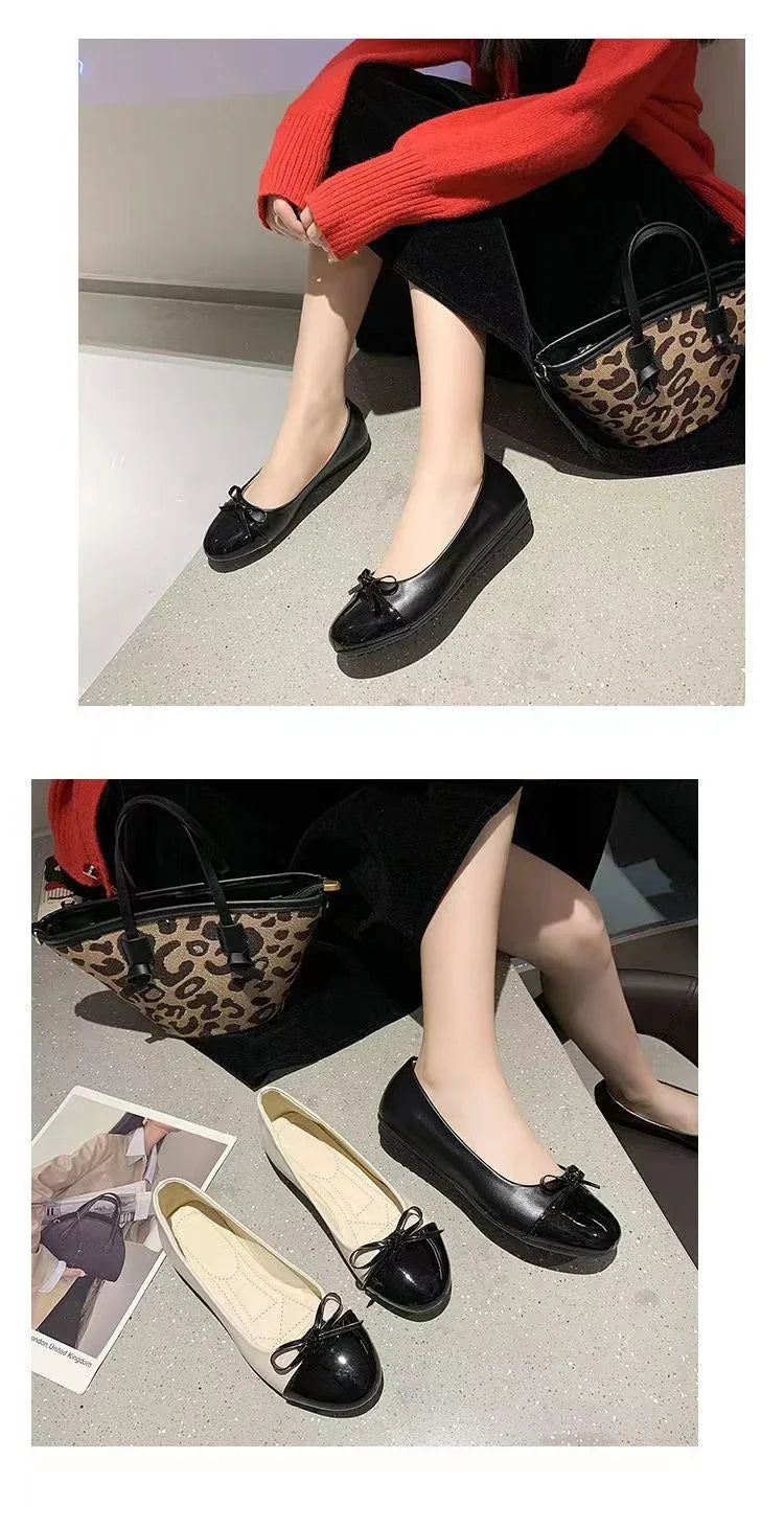 Ballerina Women's Flat Shoes Comfort Non-slip Ladies Loafers Leather Flats Elegant Bowknot Women's Single Shoes Mother's Shoes.