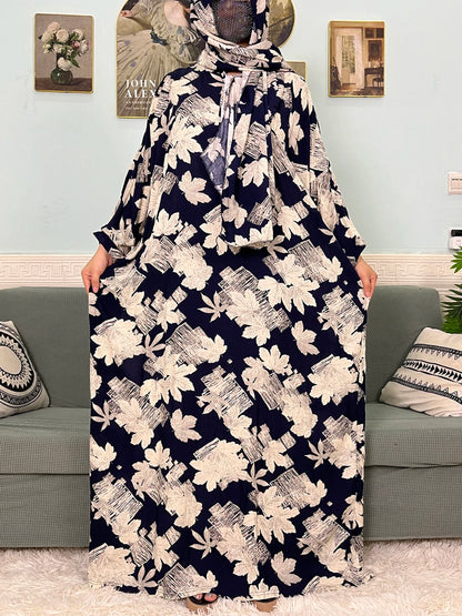 Muslim Cotton Abayas For Women Traditional Floral Ramadan Prayer Garment African Caftan Marocain Femme Robe Connected Headscarf