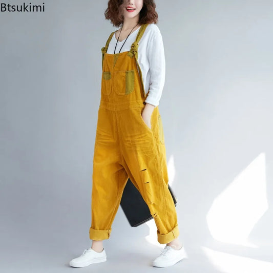 New Fashion Streetwear Women's Spring Autumn Corduroy Jumpsuits Multi Pockets Splice Design Women Rompers Vintage Loose Overalls.