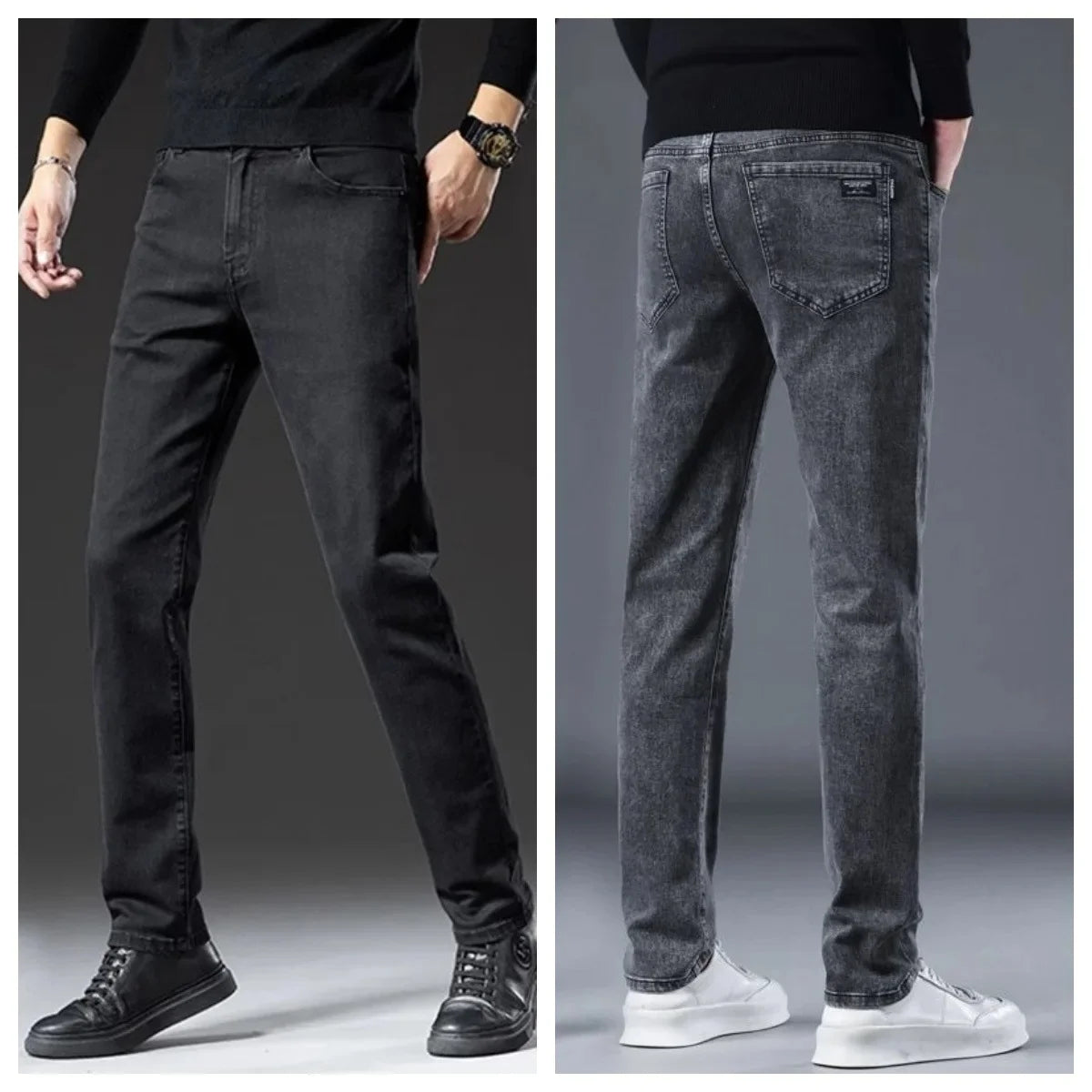 Men's Black Straight Leg Jeans Casual Elastic Business Pants High Waist Slim Fit Long Trousers New 2025 Gray Color