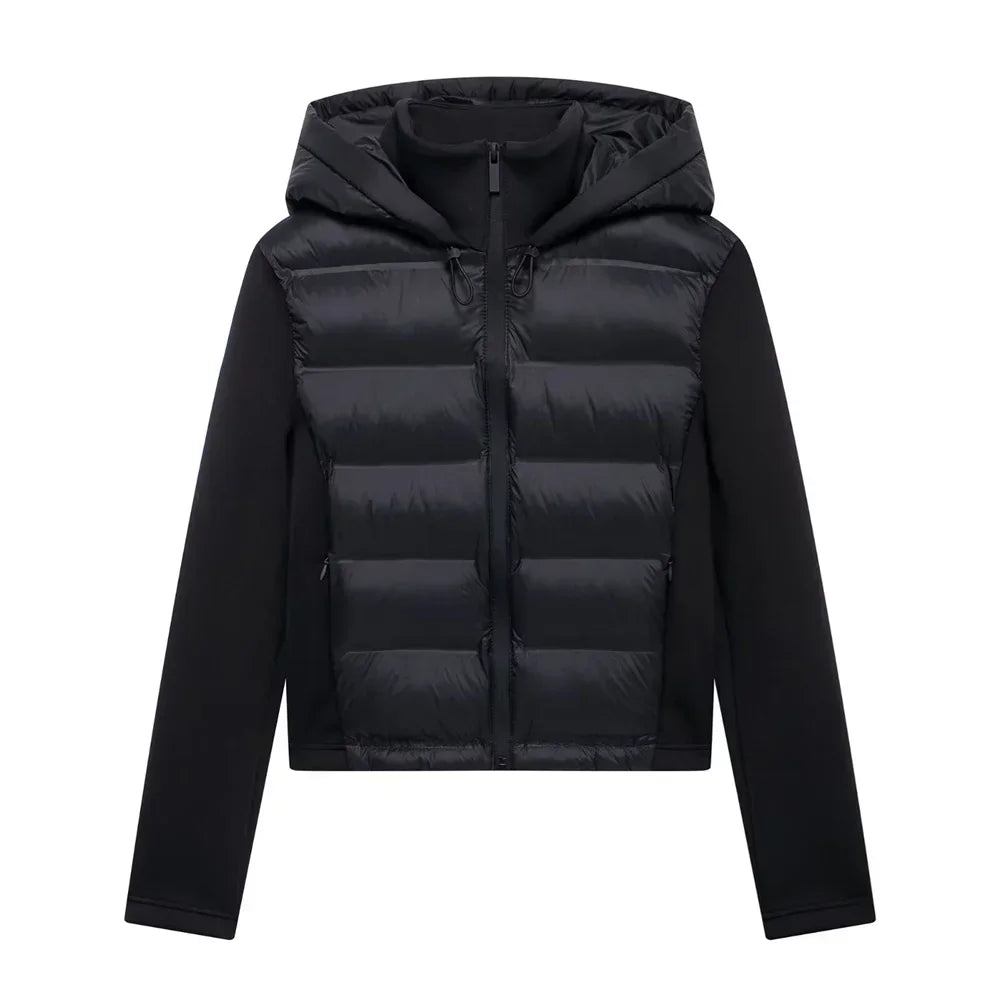 ZBZA Damenmode mit Kapuze, Neopren-Effekt, gespleißter, wattierter Jacke, hoher Kragen, lange Ärmel, verstellbare Kapuze, lässig, schmale Passform, warmer Mantel, Herbst/Winter, neue schicke Damen-Oberbekleidung.