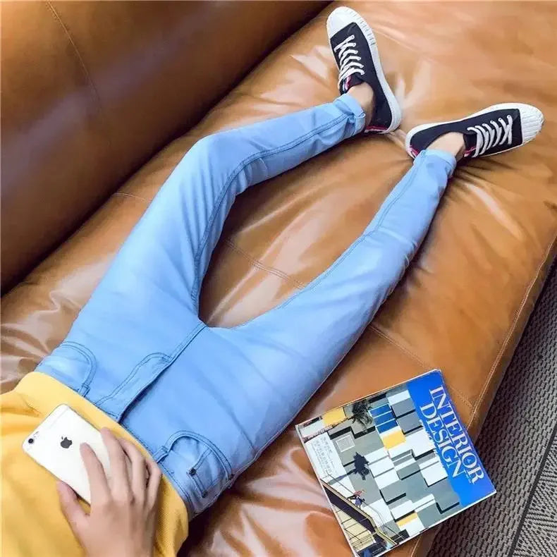 Pure White Jeans Men's Elastic Korean Style Slim Fit Youth Slimming Straight Leg Business Casual Middle Age High End Pants.