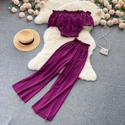 2024 Summer Green/Black/Red Two Piece Set Women Sexy Slash Neck Short Tops + High Waist Wide Leg Pants Female Suit New.