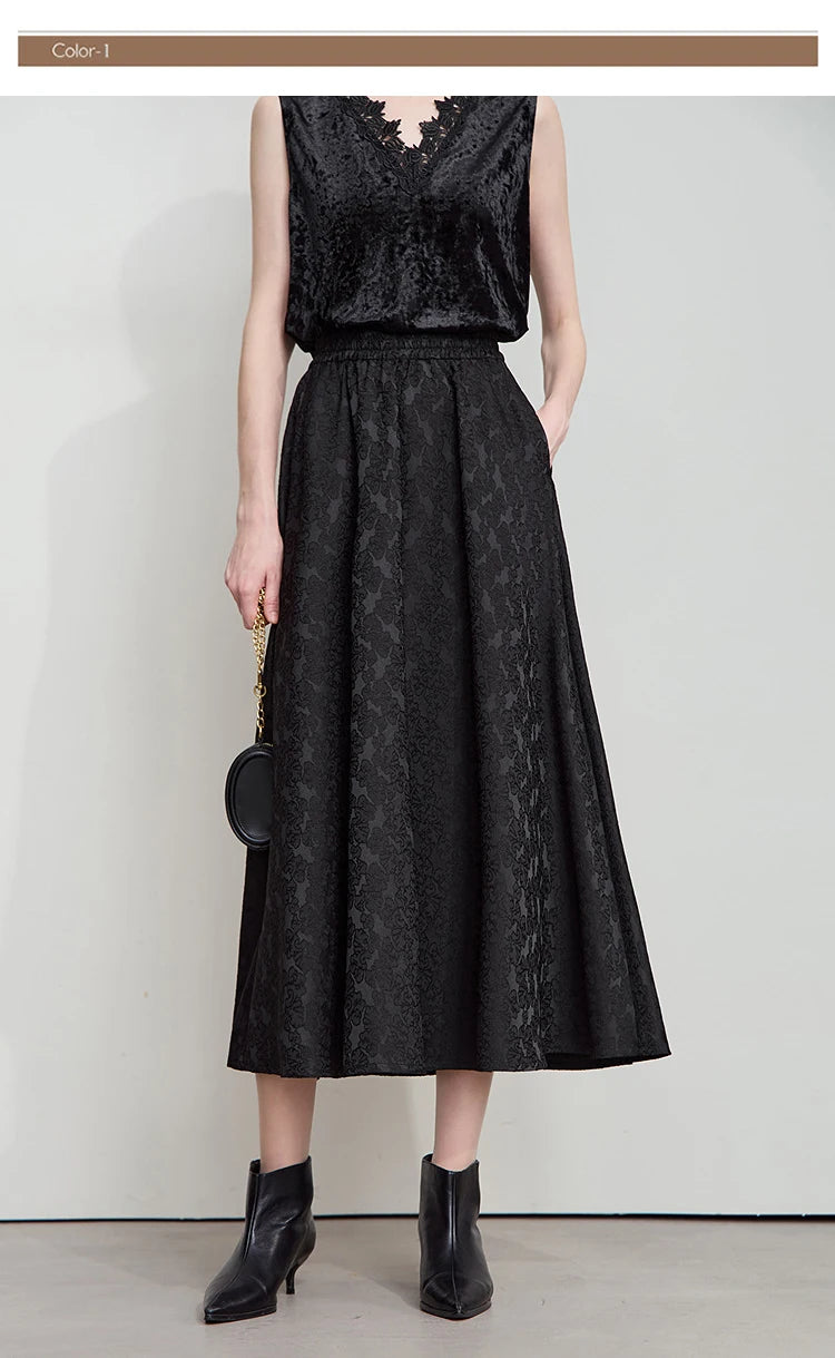 AMII 2025 Arrival Autumn Black A-line Women Skirt  Luxury Style Simple Elegant Elastic Waistband Offcial Lady Blouse 12523037.