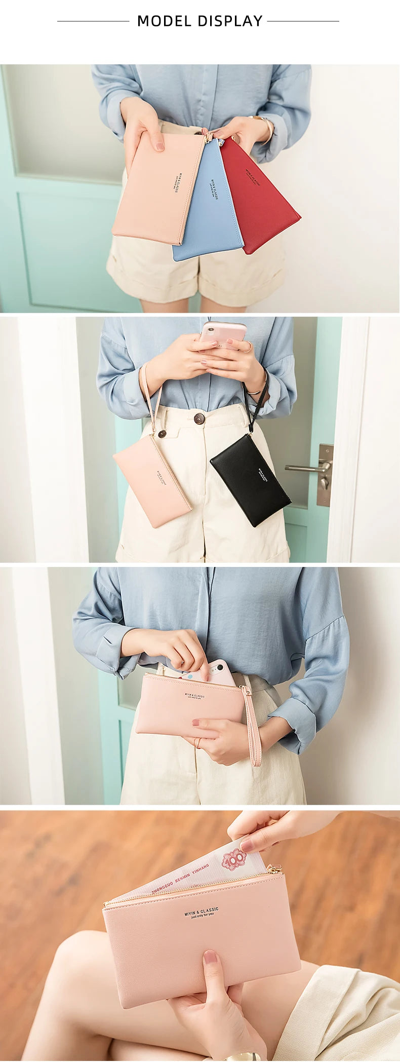 Simple Solid Color Thin Long Wallet PU Leather Large Capacity Zipper Wallet Classic Fashion Womens Handbag Can Hold Mobile Phone.