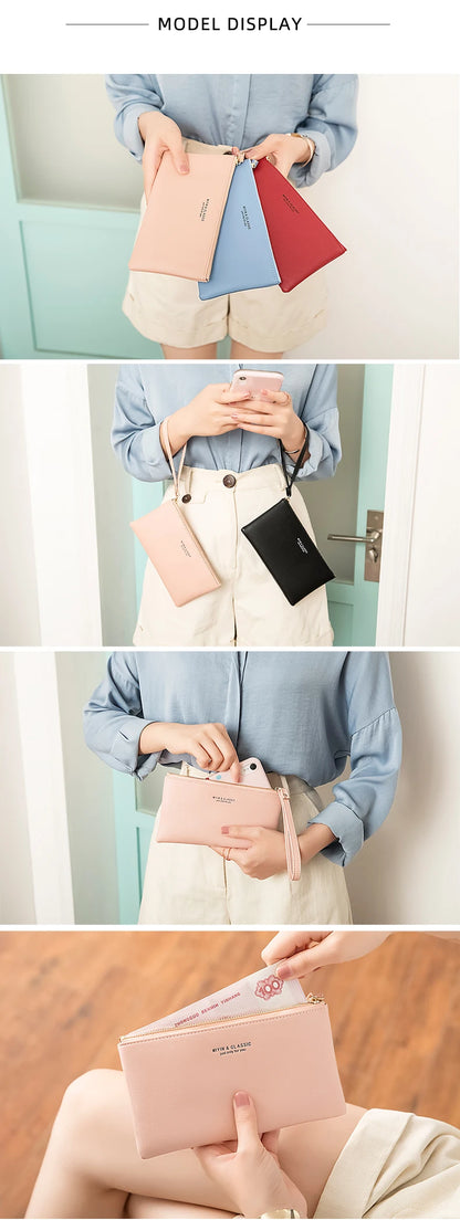 Simple Solid Color Thin Long Wallet PU Leather Large Capacity Zipper Wallet Classic Fashion Womens Handbag Can Hold Mobile Phone.