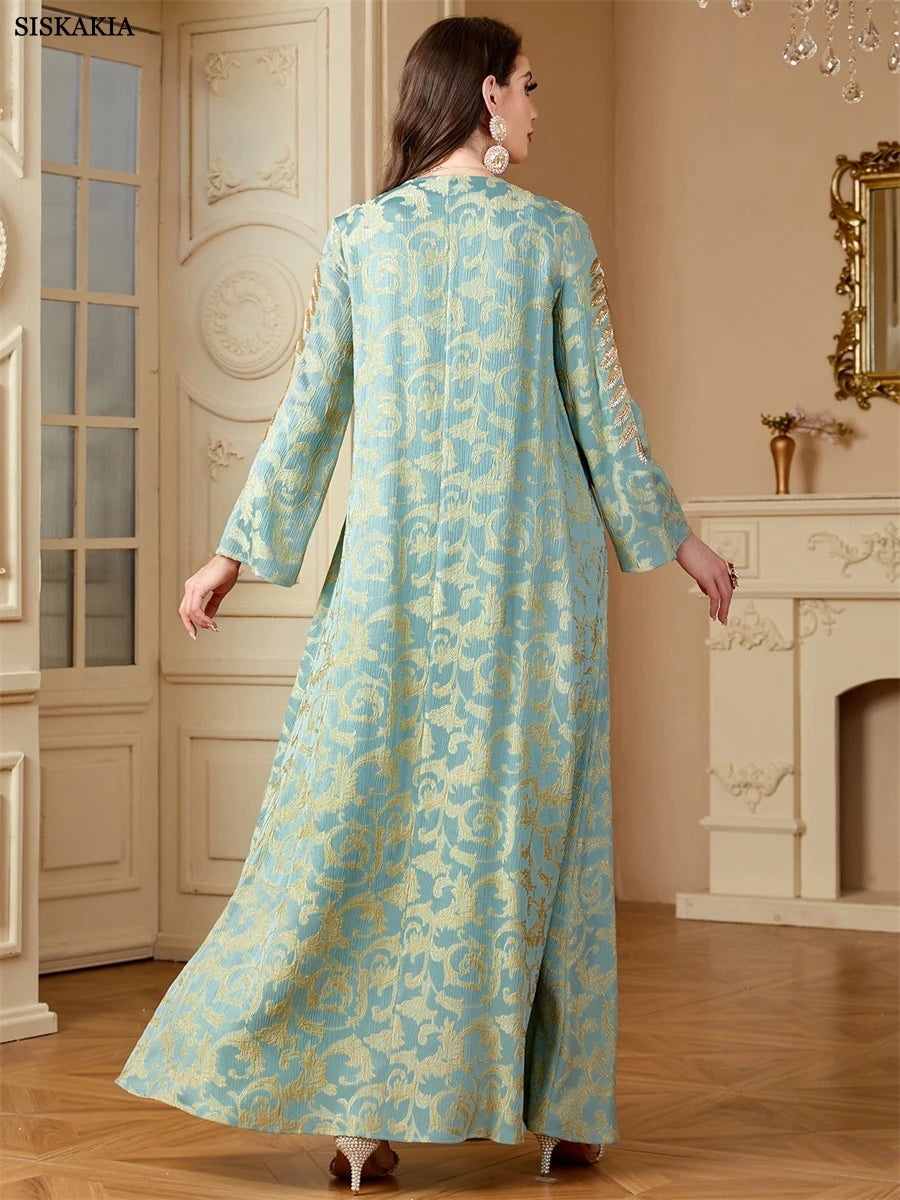 Siskakia Ramadan Dubai Elegant Floral Print Abayas For Muslim Women's Jacquard Beading Kebaya O-Neck Long Dresses.