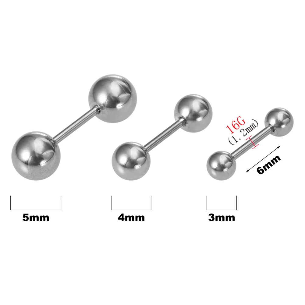 6PCS/Set 16G Stainless Steel Stud Earring 3/4/5mm Ball & Cone Screws Earrings Ear Bone Nail Piercing Body Jewelry.