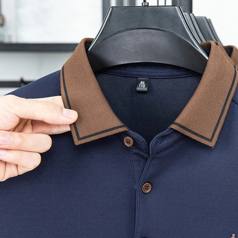 Men's Polo Shirt Long Sleeve Luxury Brand Autumn Winter Lapel Collar Button Business Casual Classic Office Warm T-shirt Menswear.