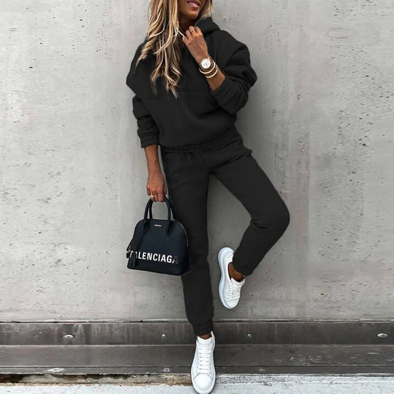 Autumn Winter New Solid Color Long Sleeve Hoodie Women's Casual Suit Fashion Loose Sports Hoodie + Small Foot Pants 2 Piece Set.