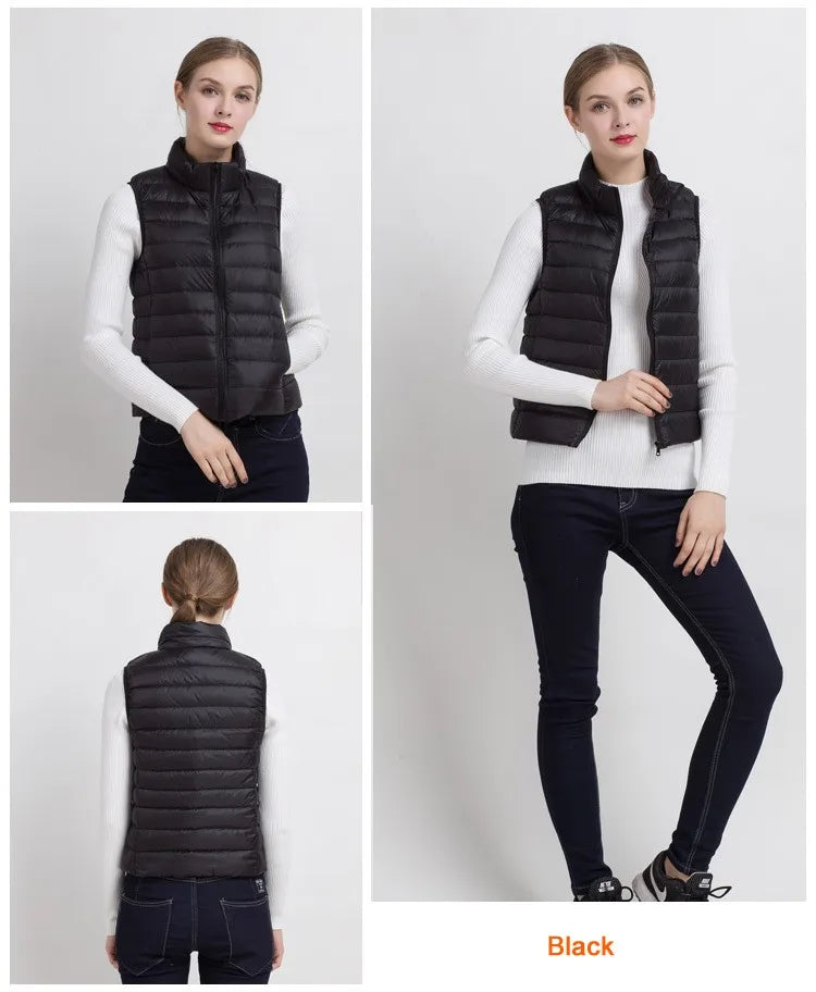 0-10 ℃   Frauen Westen Herbst Winter Ultra Licht Ente Unten Weste Weibliche Dünne Ärmellose Jacke Winddicht Warme Puffer Weste 4XL.