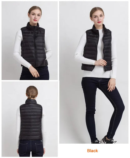 0-10 ℃   Frauen Westen Herbst Winter Ultra Licht Ente Unten Weste Weibliche Dünne Ärmellose Jacke Winddicht Warme Puffer Weste 4XL.