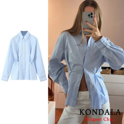 KONDALA Fall Women Elegant Blue Shirt Lapel Waist Buttons Shirt Office Lady Tops New 2025 Spring Autumn Fashion Commuter Shirt.