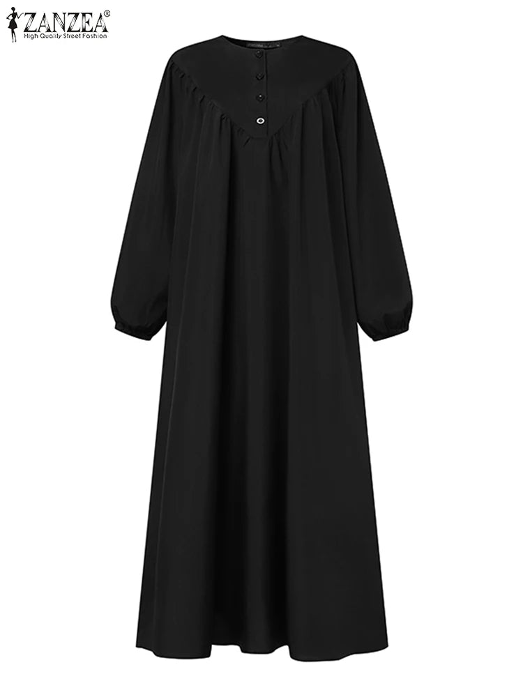 Women Autumn Muslim Long Dress Abaya Long Sleeve Hijab Vestidos Islamic Robe Femme ZANZEA Vintage Ramadan Maxi Sundress Kaftan.