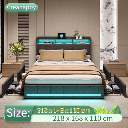 Creahappy Twin-Bettgestell – Polsterbett in Grau – mit USB-Ladeanschluss – mit LED-Beleuchtung – Aufbewahrungsschubladen auf beiden Seiten