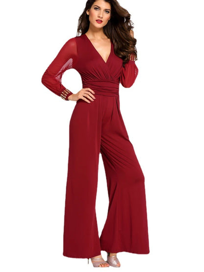 New In Spring Summer Women's Jumpsuit Black V-neck Mesh Splicing Straight One-piece Female Jumpsuit Sexy Streetwear Clothes