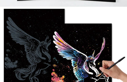 2 Sheets Animal Scratch Art Paper Set with Stylus DIY Rainbow Craft Lion Unicorn Cat Dog Painting Toy Creative Kids Adults Gift.