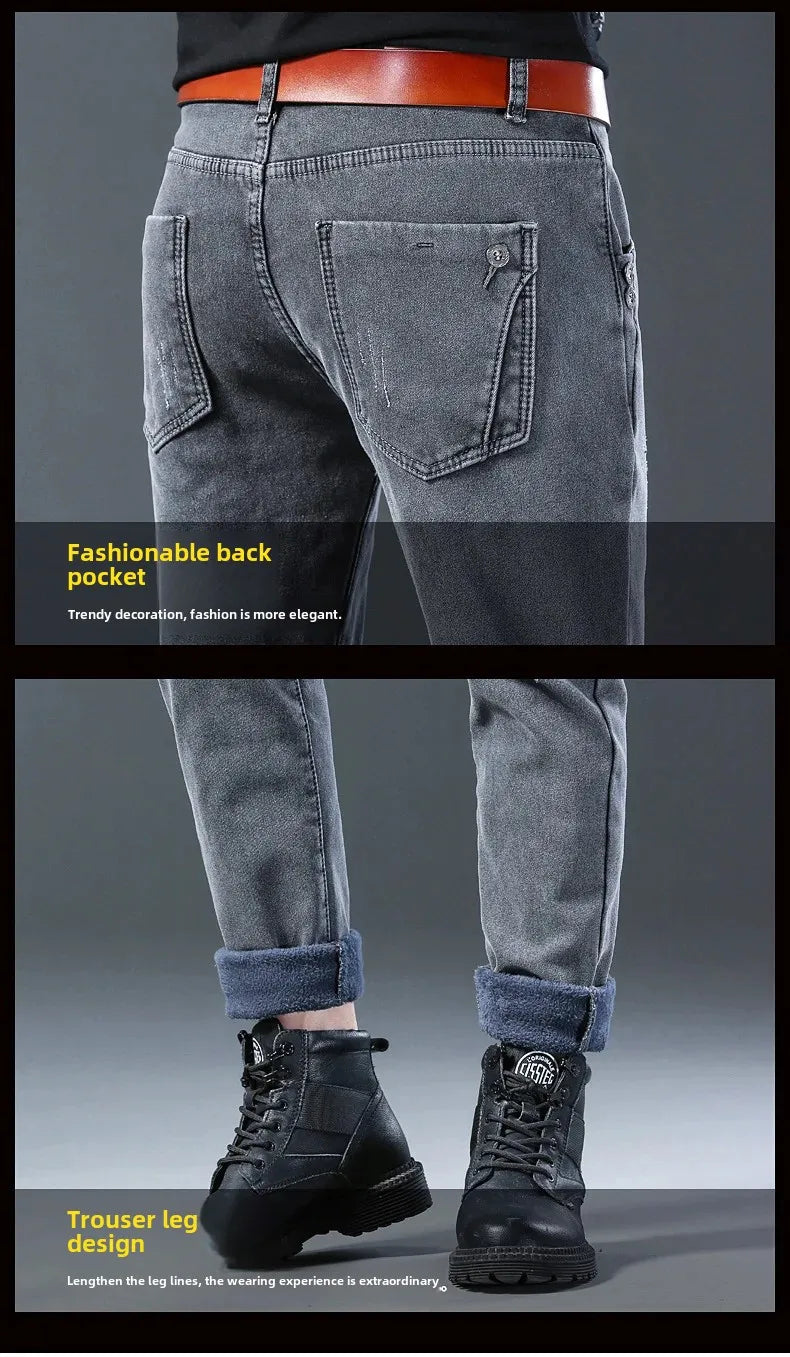 Winter Hot Sale Of The Season Trendy Stretchy Fleece Lined Thick Denim Mid Waist Fashionable Casual Warm Long Pants Men's Jeans