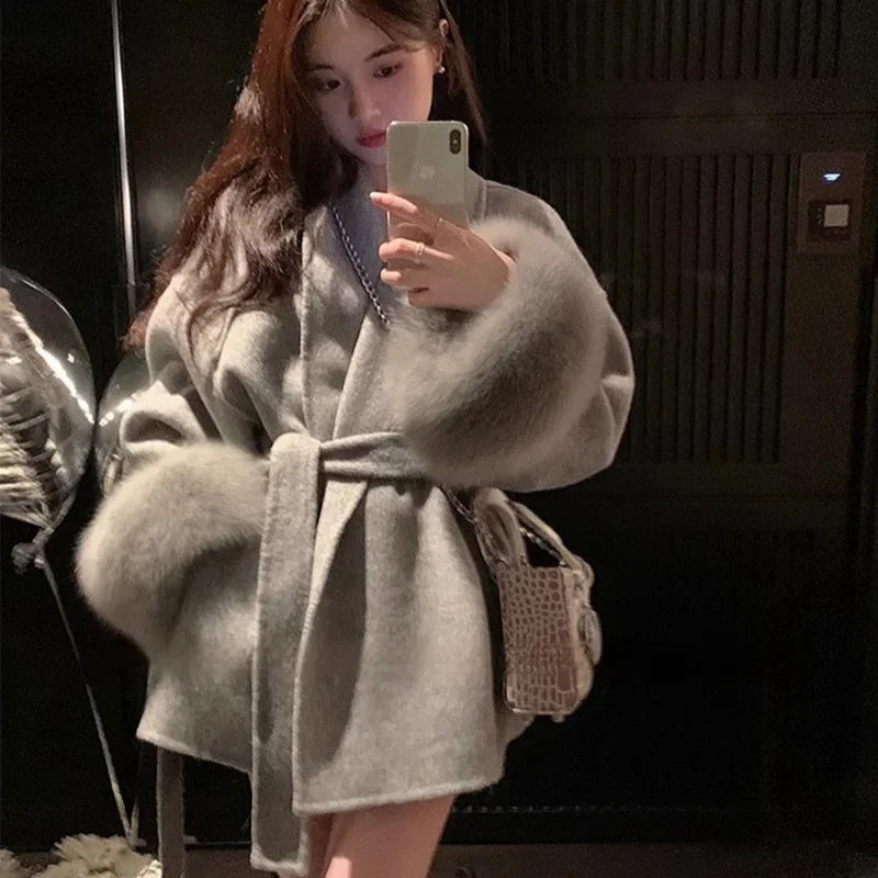 Tossy Fuchspelz-Wollmantel für Damen, kurzer Mantel, Bürodame, eleganter doppelseitiger Wollmantel, 2025, neue Strickjacke, Jacken, lockere Wolle.