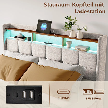 Lazyspace Bettgestell aus Leinen mit Stauraum, gepolstertes Bett mit 4 Schubladen, LED-Licht und USB-Aufladung vom Typ C, Schlafzimmermöbel