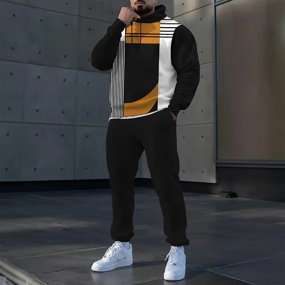 Simple Stripe Print Men's Hoodies Sets Autumn Winter Casual Sweatshirt Pants 2 Piece Fashion Tracksuits Outdoor Street Clothing.