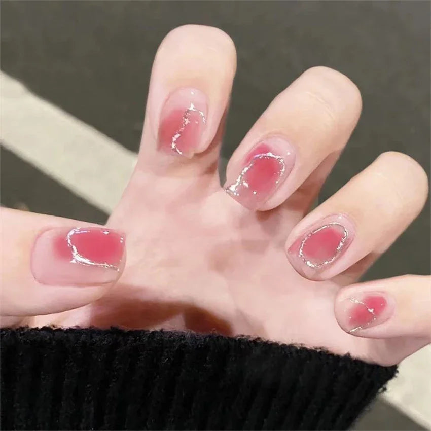 24Pcs/Set White Peach Oolong Gentle French Press on Nail Blush Halo Short Frosted Wearing False Nails Removable Fake Nail Art