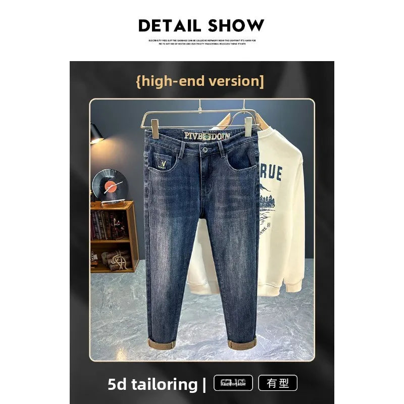 Men's Slim Straight Jeans Fashion Korean Autumn Trousers Comfortable Elastic Black Blue Fitted Business Casual Denim Pants.
