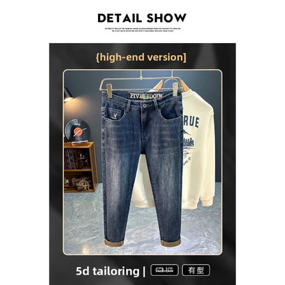 Men's Slim Straight Jeans Fashion Korean Autumn Trousers Comfortable Elastic Black Blue Fitted Business Casual Denim Pants.