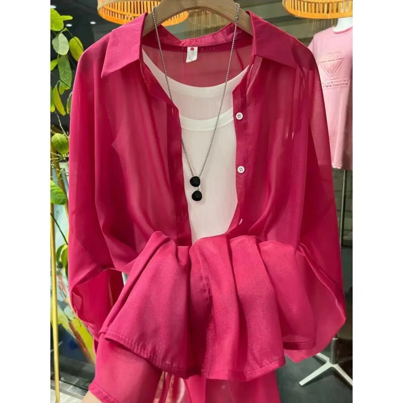 1pcs Woman Four Seasons Shirt Lady Thin Sunscreen Shirts Female Casual Long Sleeve Turn-down Collar Loose Med-Length Style Tops