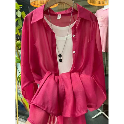 1pcs Woman Four Seasons Shirt Lady Thin Sunscreen Shirts Female Casual Long Sleeve Turn-down Collar Loose Med-Length Style Tops