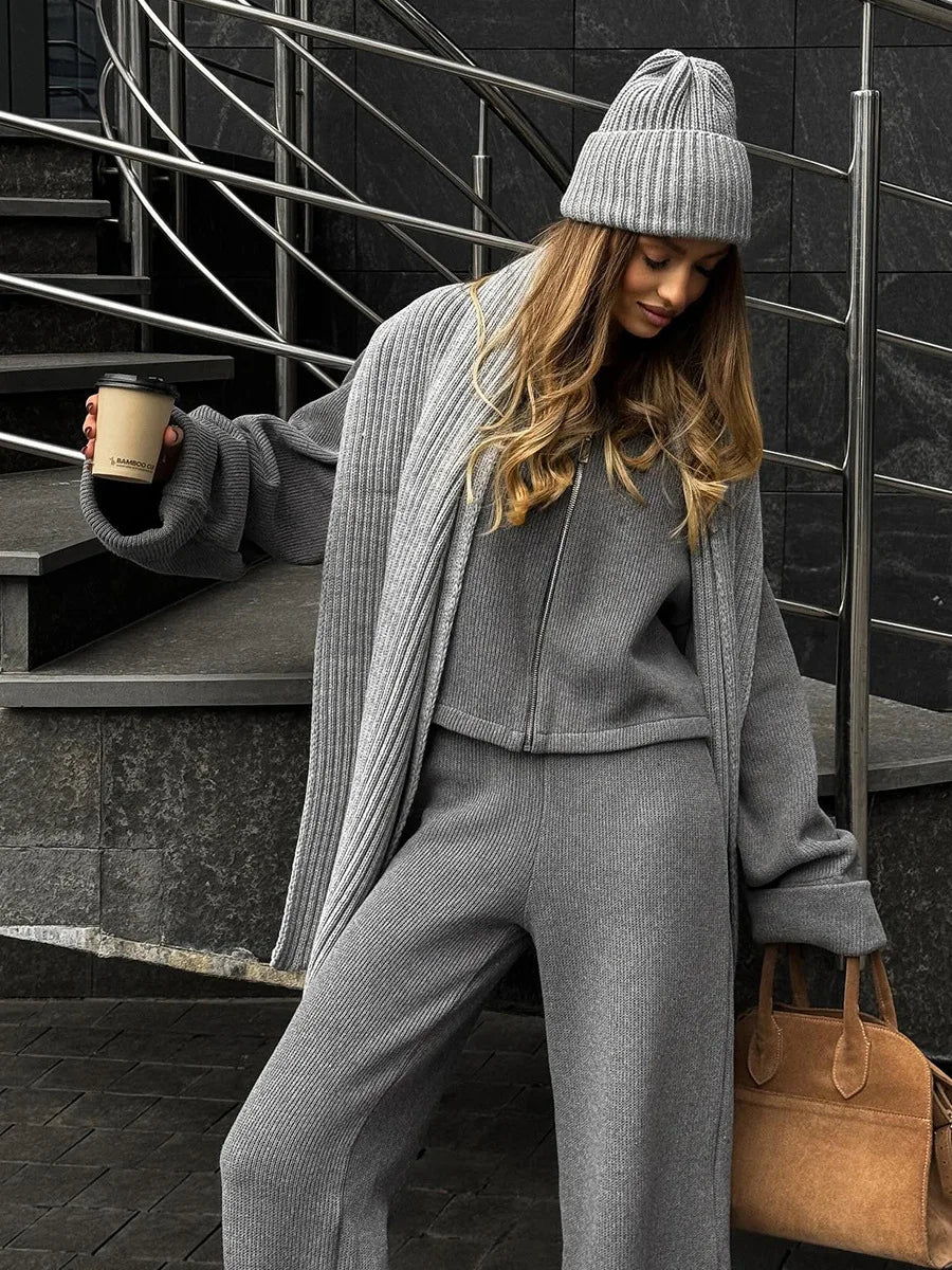 Knit Women 2 Piece Outfit Round Neck Zipper Loose Cuffs Cropped Coat For Lady Sporty Elatic Waist Autumn Female Wide Leg Pants.