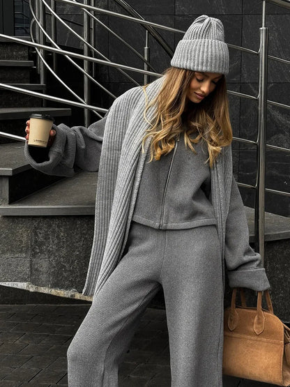 Knit Women 2 Piece Outfit Round Neck Zipper Loose Cuffs Cropped Coat For Lady Sporty Elatic Waist Autumn Female Wide Leg Pants.