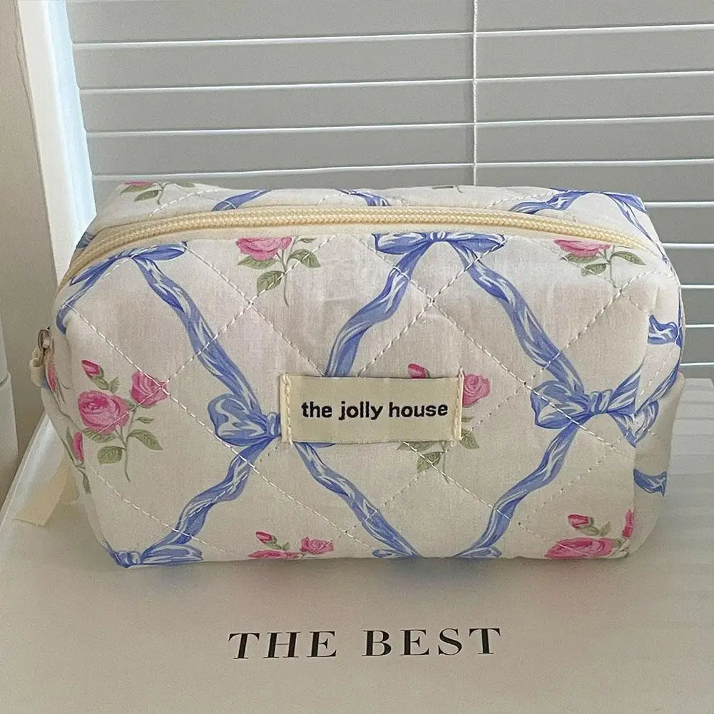 Cute Bow Flower Quilting Makeup Bag Women Zipper Cosmetic Organizer Female Cloth Handbag Portable Toiletry Case For Girls
