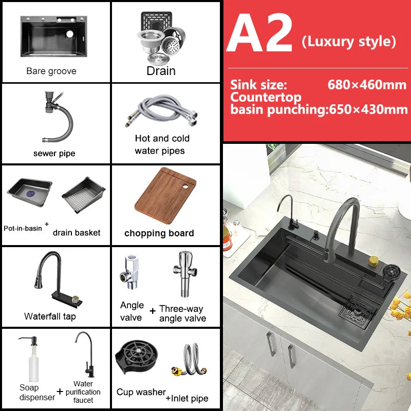 Kitchen Sink Stainless Steel Large Single Slot Multifunctional Tank Wash Basin With Waterfall Faucet Lowe Price
