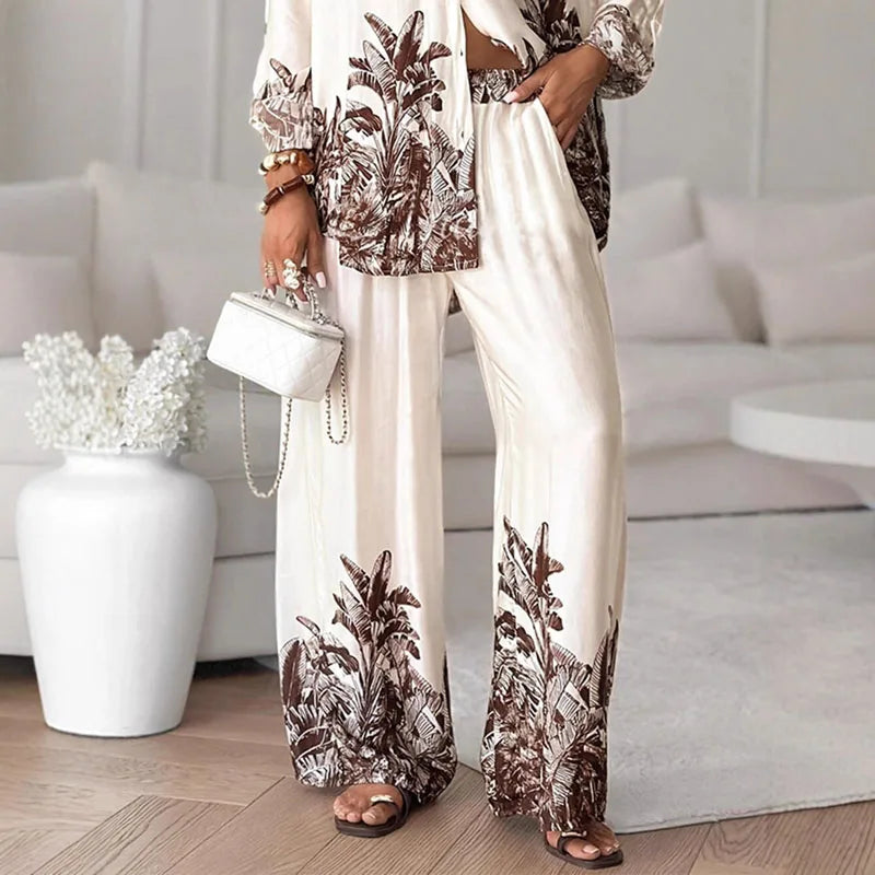New Autumn Long Sleeve Lapel Shirt Cardigans & Wide Leg Pant Sets Woman 2 Piece Casual Print Single Breasted Suit Leisure Outfit.