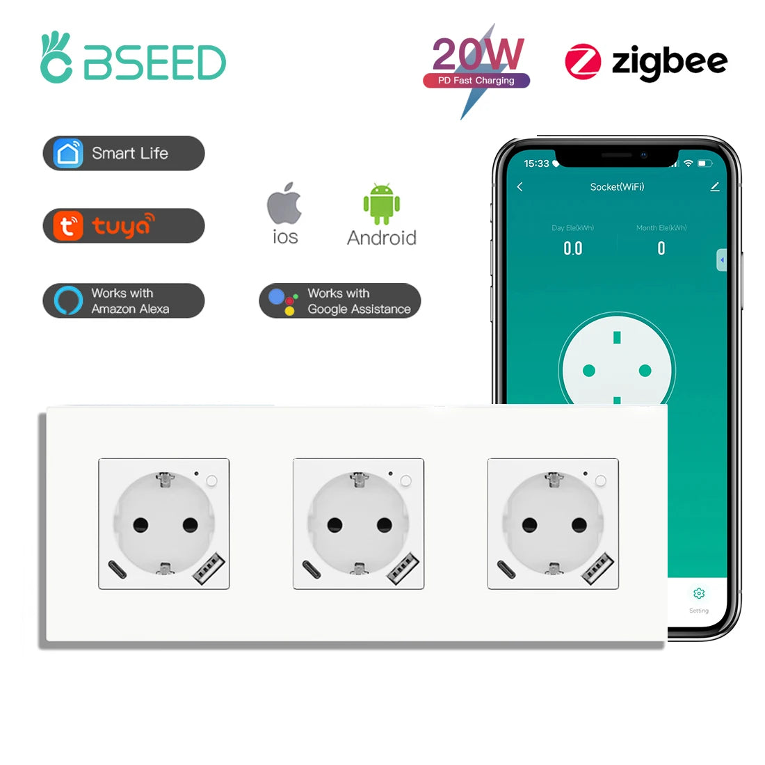 BSEED Einzelne ZigBee-Wandsteckdosen, Energiemonitor, doppelte Smart Meter-Steckdosen, Google Smart Life App, Alexa, Dreifachsteckdosen, EU-Kunststoff.