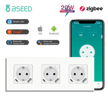 BSEED Einzelne ZigBee-Wandsteckdosen, Energiemonitor, doppelte Smart Meter-Steckdosen, Google Smart Life App, Alexa, Dreifachsteckdosen, EU-Kunststoff.