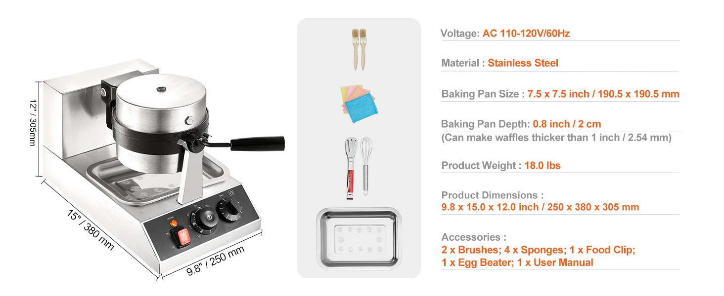 SucceBuy Electric Waffle Maker Stainless Steel Round Waffle Iron Non-Stick Waffle Baker Machine Teflon-Coated Baking Pans.