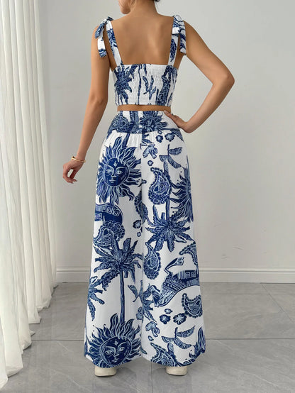 Two Piece Sets Women Pant Print Sling Tops High Waist Wide Leg Pants Drawstring Matching Sets Casual Backless Tops Summer 2025.