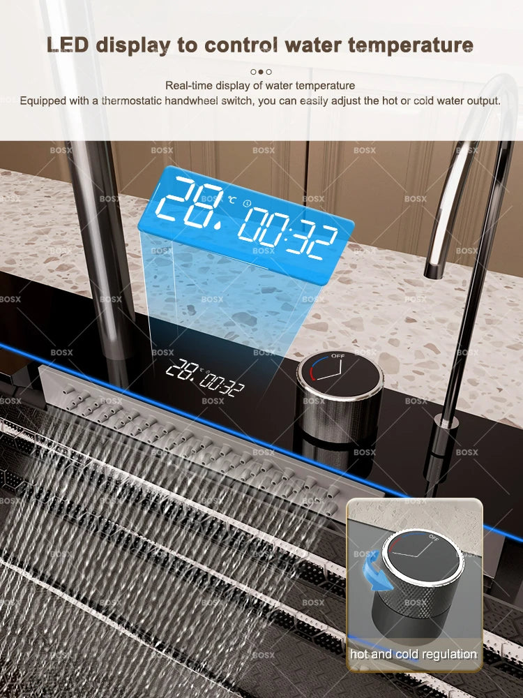 Küchenspüle, Wasserfall-Waschbecken aus Edelstahl, extra großer Einzelschlitz mit Digitalanzeige, Wasserhahn-Set für die Küche