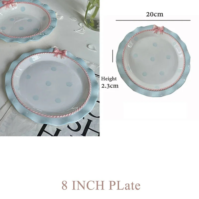 Cartoon Pink Ceramic Dinner Plate with Bow Knot, Household Dish, High Temperature Resistant, Deep Dish, Kitchen Tableware Set.