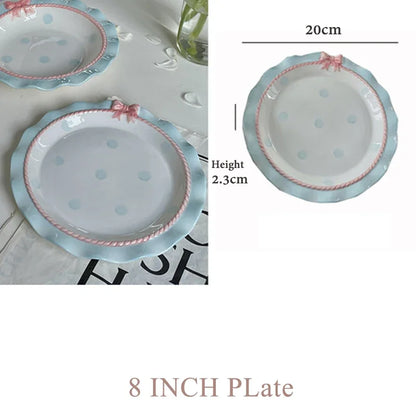 Cartoon Pink Ceramic Dinner Plate with Bow Knot, Household Dish, High Temperature Resistant, Deep Dish, Kitchen Tableware Set.