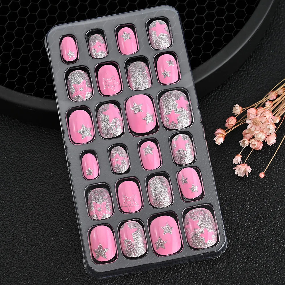 24Pcs/box Kids nails for Girl Cartoon Pattern False Nail Cute Child Fake Nails Tips Kawaii Acrylic Artificial Press on Nail+Tool