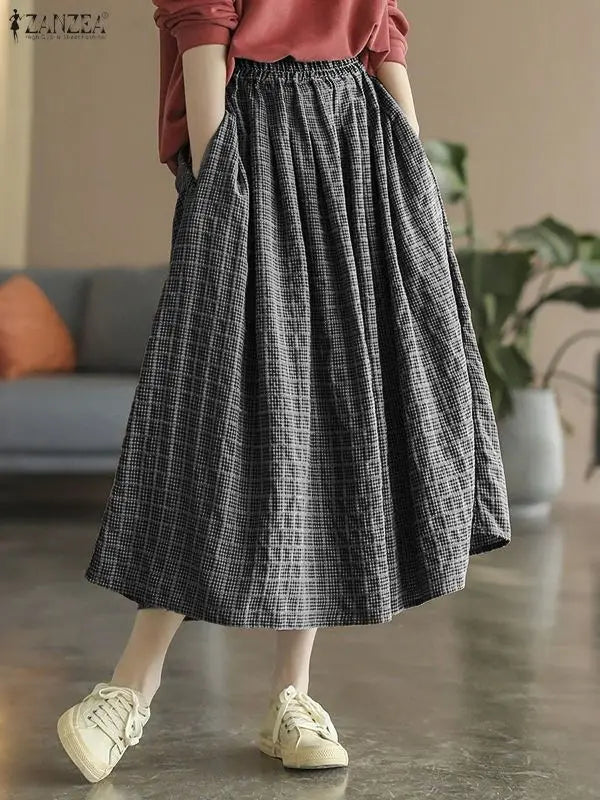 ZANZEA Women's Vintage Gingham Midi Skirts Casual Elastic Waist Gathered A-Line Skirt 2025 Autumn Woman Clothing Bottoms S-3XL